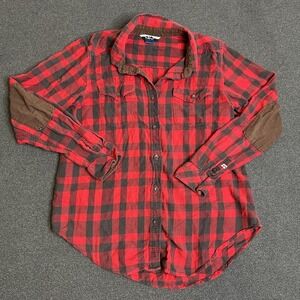 KAVU Shirt Womens Large Red Plaid Flannel Long Sleeve Button Up Corduroy Trim